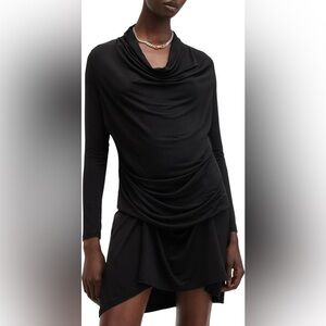Allsaints Amei Draped Long Sleeve Minidress Size US4 Black